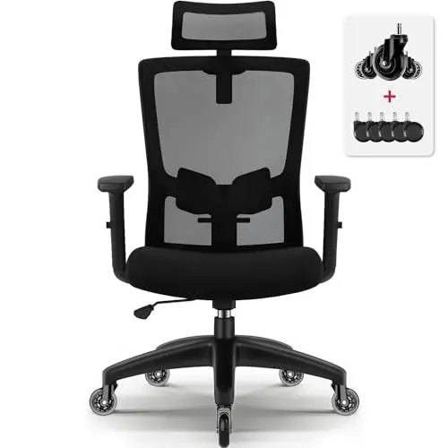 Produktbild: Airchros Bürostuhl Ergonomisch, Ergonomischer Bürostuhl mit Kopfstütze und Armlehnen, Verstellbarer Lendenwirbelstütze, Drehstuhl Bürostuhl 150 kg, Schreibtischstuhl, Wippfunktion bis 135°