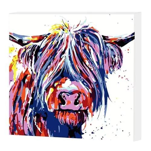 Produktbild: AIRDEA Bunte Highland-Kuh Malen nach Zahlen Erwachsene, DIY Handgemalt Ölgemälde Kit, Paint by Numbers mit 3-Pinseln und Acrylfarbe 20x20 cm (Gerahmt)