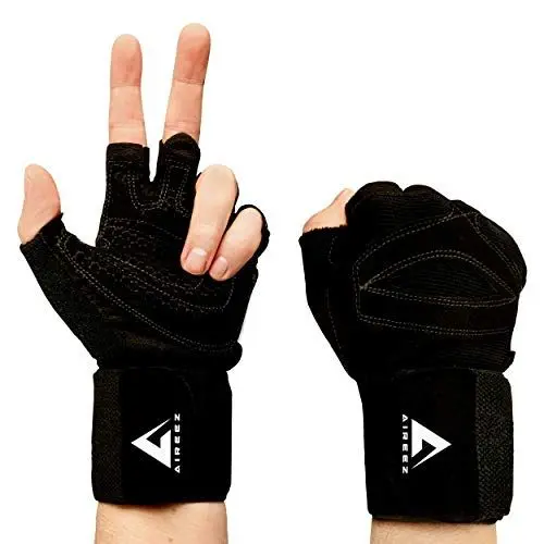 Produktbild: Aireez® 2 in 1 Fitness Handschuhe, Trainingshandschuhe, Sporthandschuhe & Handgelenk Bandagen für Damen & Herren | Gewichtheben Pad, Kraftsport, Krafttraining, Crossfit Grips & Gym Training
