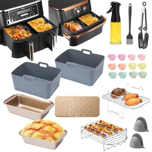 Produktbild: Airfryer Zubehör, Heißluftfritteuse Zubehör für Ninja AF400EU, AF451EU, AF500EU, 9-10.4L XXL Heissluftfritteuse, Einschließlich Silikonform, ölspray, Grillrost,Backform Silikon, Backpapier,etc.