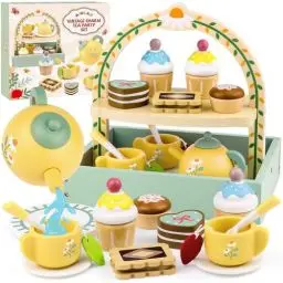 Produktbild: Airlab Kinderküche Teeservice Kinder Holz, Spielküche Zubehör Tee Set Holz, Küchenzubehör Teeparty Set für Kinder, Holzspielzeug Tee Spielset mit Ständer, Kinderspielzeug Rollenspiele Geschenk