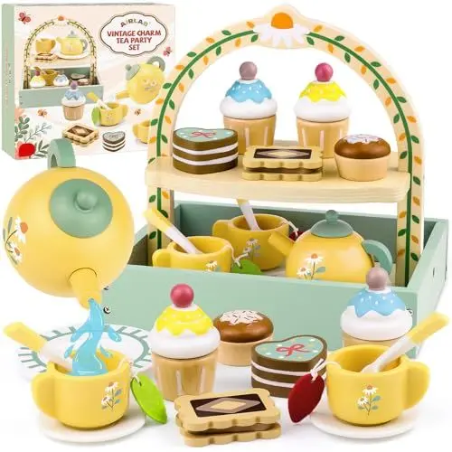 Produktbild: Airlab Kinderküche Teeservice Kinder Holz, Spielküche Zubehör Tee Set Holz, Küchenzubehör Teeparty Set für Kinder, Holzspielzeug Tee Spielset mit Ständer, Kinderspielzeug Rollenspiele Geschenk
