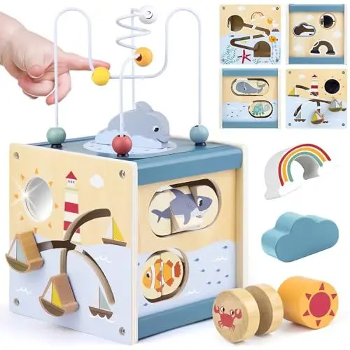 Produktbild: Airlab Motorikwürfel ab 1 Jahr, Motorikspielzeug Baby Activity Würfel, Montessori Spielwürfel für Kinder, 6 in 1 Aktivitätswürfel Baby Spielzeug aus Holz, Holzspielzeug Geschenk Mädchen Jungen