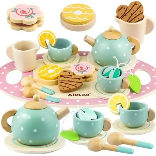 Produktbild: Airlab Teeservice Kinderküche Zubehör, Tee Set Holzspielzeug, Teeparty Spielküche Rollenspiele, Küchenspiele Holz, Geschenk für Kinder Mädchen Jungen