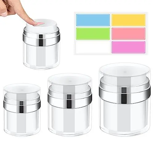 Produktbild: Airless Pumpspender, 3 Stück Airless Pumpe Tiegel Creme Spender Vakuumflasch mit 1 Bogen 6-farbige Aufkleber, Nachfüllbare Tragbare Pump Behälte für Reisen(15ml + 30ml + 50ml)