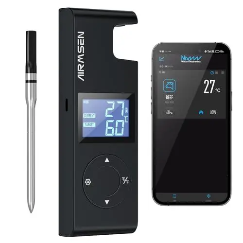 Produktbild: AIRMSEN Fleischthermometer Kabelloses Grillthermometer Bluetooth mit Hitzebeständigem Keramikgriff & LCD-Display 150m Fernüberwachung, Bluetooth 5.4 Smart-App-Steuerung für Räuchern BBQ - 1000mAh Akku