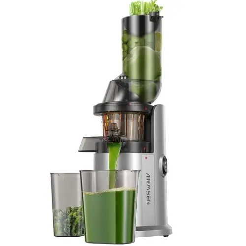 Produktbild: AIRMSEN Slow Juicer, Entsafter Gemüse und Obst mit 82mm Großem Einfüllöffnung für ganze Früchte entsaften, Max 450W BPA freie Cold Press Juicer Machine mit 2 Behälter und Bürste - Silber