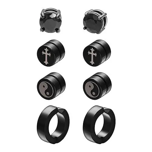 Produktbild: Airokiy 4 Paare Magnet Ohrringe Herren Schwarz Tai Chi/Kreuz/mit Cubic Zirkonia Hypoallergene Fake Ohrringe für Männer ohrstecker magnetisch herren