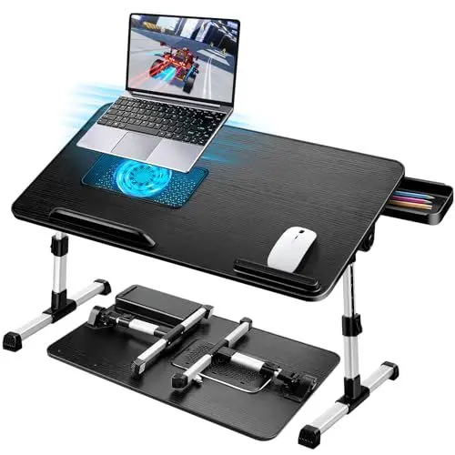 Produktbild: AirOpen Laptoptisch fürs Bett, Höhenverstellbar, Winkelverstellbar, Betttisch Klappbar mit Laptop Kühler, Schublade, Laptop Tisch für Bett, Sofa, Couch, Boden (60 x 34 cm, Schwarz)