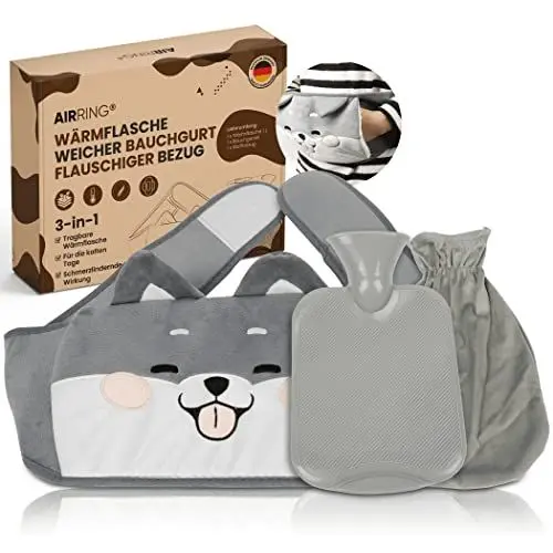 Produktbild: AirRing® Wärmflaschengürtel XXL mit Wärmflasche Inkl. Geschenk Box Tragbare Wärmflasche zum Umbinden Perioden Wärmegürtel für Rücken Hände Nacken Schulter Nierenwärmer Rückenwärmer 3 in 1 Grau