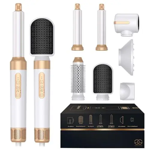Produktbild: Airstyler 7-in-1 Lockenstab, Golden Goods Hairstyler Set mit Warmluftbürste, Glättbürste, Haartrockner, Geben Sie dem Haar Volumen, Glätten, Locken und Föhnen, Rundbürstenföhn, 1400W