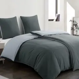 Produktbild: Aisbo Bettwäsche 135x200 4teilig Grau - Wendebettwäsche 135x200cm 4tlg mit Reißverschluss, zweifarbige Bettbezüge 2er Set aus weich Mikrofaser mit Kissenbezüge, Anthrazit und Hellgrau