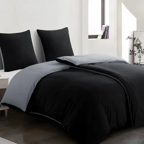 Produktbild: Aisbo Bettwäsche 135x200 4teilig Schwarz - Wendebettwäsche 135x200cm 4tlg mit Reißverschluss, zweifarbige Bettbezüge 2er Set aus weich Mikrofaser mit Kissenbezüge, Schwarz und Hellgrau
