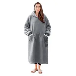 Produktbild: Aisbo Sherpa Hoodie Decke mit Ärmeln - Übergroße Tragbare Kuscheldecke mit Kapuze Blanket zum Anziehen Damen Erwachsene, Hellgrau Warme Dicke Ärmeldecke 130x82cm Herren als Geschenke