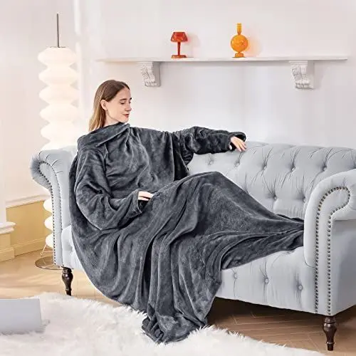 Produktbild: Aisbo TV Decke mit Ärmeln und Füßen - Übergroße Kuscheldecke mit Ärmel und Fußtasche, Decke zum Anziehen Erwachsene Wearable Blanket, Dunkelgrau Ganzkörper Decke mit Armen als Geschenke für Frauen
