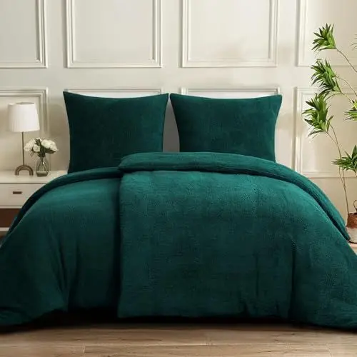 Produktbild: Aisbo Warme Bettwäsche 135x200 4teilig - Flauschige Teddy Fleece Winterbettwäsche 135 x 200, plüsch Bettwäsche-Sets 135x200cm Bettbezug mit Reißverschluss Duvet Cover Winter Dunkelgrün