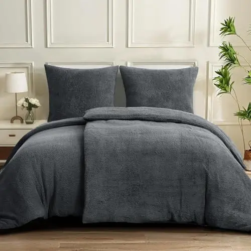 Produktbild: Aisbo Warme Bettwäsche 135x200 4teilig - Flauschige Teddy Fleece Winterbettwäsche 135 x 200, plüsch Bettwäsche-Sets 135x200cm Bettbezug mit Reißverschluss Duvet Cover Winter Grau