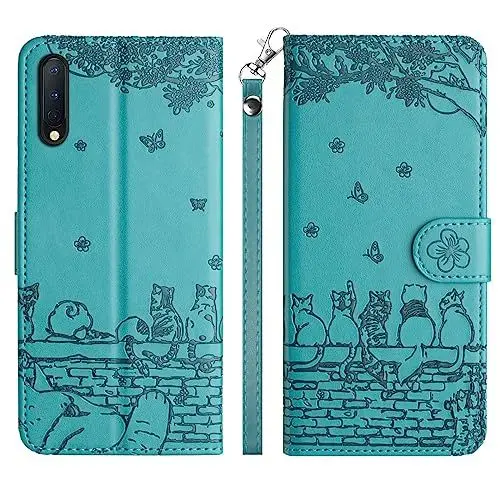 Produktbild: Aisenth Handyhülle für Samsung Galaxy A7 2018/A750, Katze, Schmetterlings Muster Leder Handytasche Brieftasche Klapphülle Etui Schutz Hülle mit Ständer, Magnet, Kartenfächer -Blau Grün
