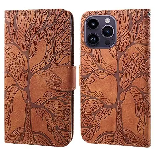 Produktbild: Aisenth Handyhülle für iPhone 14 Pro (6.1 inch), Baum Muster Leder Handytasche Brieftasche Klapphülle Etui Wallet Flip Case Schutz Hülle mit TPU innen Schale, Kartenfächer, Aufstellfunktion -Braun