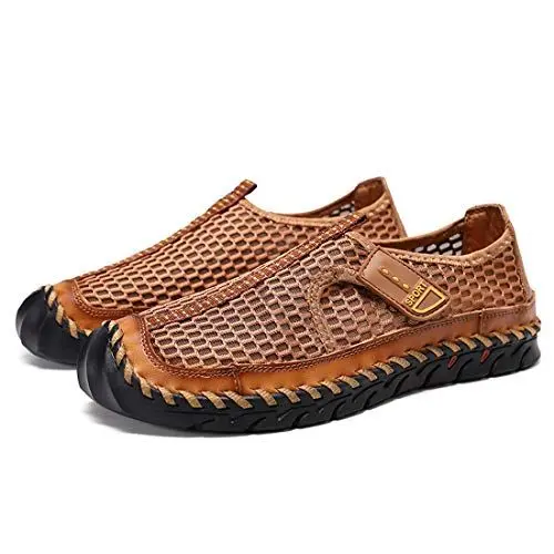 Produktbild: Aisfn Herren Outdoor Sport Strand Sandalen Sommer Leder Mesh Loafers Mode Casual Walking Schuhe Fahren Arbeit Schuhe（44 EU,Hellbraun