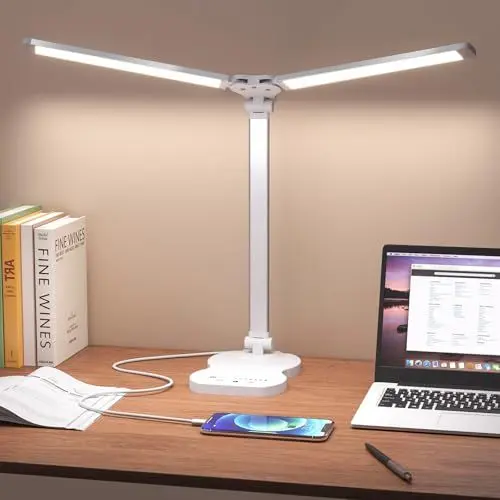 Produktbild: Aisutha Schreibtischlampe led,Double Arm Schreibtischlampe mit 5 Farben＆10 Helligkeitsstufen,Schreibtisch Lampe mit 45min Timer-Off,Touch-Steuerung Led Tischlampe für Studium (Weiß)
