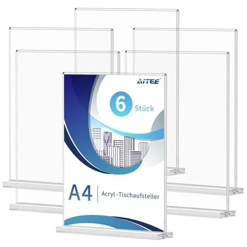 Produktbild: AITEE Acryl Tischaufsteller A4: 6 Stück T-Ständer Glasklar Aufsteller A4 für Prospekte Werbung Menükarte, Büro, Restaurant, Shop, Theke