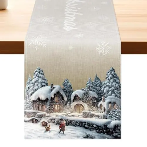 Produktbild: Aitsit Weihnachten Tischläufer Weihnachtsdeko Winter Wasserabweisend Tischläufer Modern Weihnachtstischläufer Für Drinnen Und Draußen Party Küche Esstisch Dekoration 40×180cm (Weihnachtshütte-A)