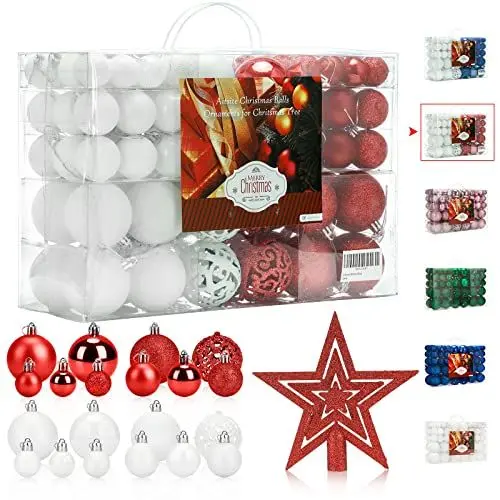 Produktbild: Aitsite 100 Stück Christbaumkugeln Weiß and Rot Weihnachtskugeln 6CM/4 cm/2 cm Kunststoff Christbaumschmuck Wandbehang Ornamente Weihnachtsbaum Kugeln Flitter Tür Dekorationen Festival Dekore