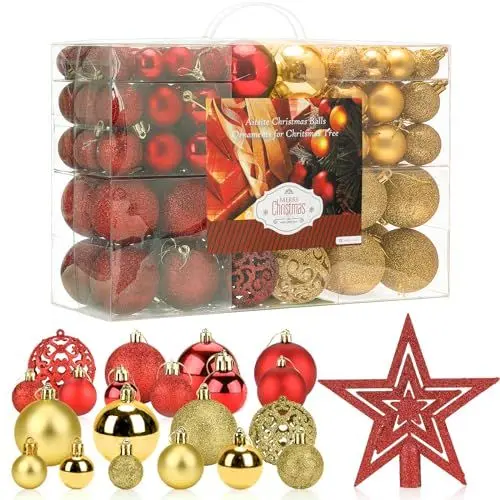 Produktbild: Aitsite 101 Stück Christbaumkugeln Rot und Gold Weihnachtskugeln 6CM/4 cm/2 cm Kunststoff Christbaumschmuck Wandbehang Ornamente Weihnachtsbaum Kugeln Flitter Tür Dekorationen Festival Dekore