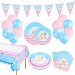 Produktbild: Aitsite 16 Gäste Baby Shower Gender Reveal Pappteller, 62 Stück Gender Reveal Party Geschirr Set, Gender Reveal Party Dekoration Tischtücher Luftballons Girlande Servietten