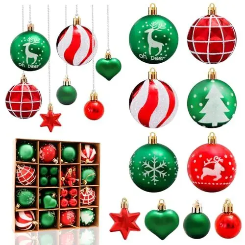 Produktbild: Aitsite 38 Stück Christbaumkugeln Rot Grün, 6CM/3CM Weihnachtskugeln Kunststoff mit Aufhängen Bruchsicher Ornamente Weihnachtsbaum Kugeln Weihnachtsbaumschmuck für Weihnachtsdeko Innen Aussen