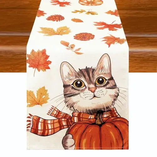 Produktbild: Aitsite Herbst Tischläufer, Küche Tisch Dekoration, Kürbisse Herbst Deko Draußen Urlaub Dekor Tischläufer, Herbst Tischdecke für Drinnen Urlaub Party Herbstdeko 40 x 180 cm (Cat Pumpkin)