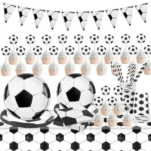 Produktbild: Aitsite Fußball Partygeschirr Set, Schwarzer und Weißer Fußball Party Pappteller für 12 Gäste, Papier Geschirr Set mit Papierteller Becher Servietten Strohhalme Kucheneinlagen Tischtuch und Flagge