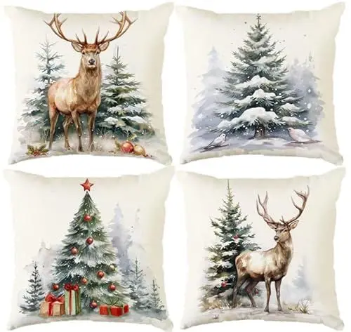 Produktbild: Aitsite Weihnachten Kissenbezug, 4er-Pack Winter-Kissenbezüge, Weihnachts-Kissenbezüge 45 x 45 cm, Winter, Weihnachts Dekoration für Wohnzimmer, Sofa, Schlafzimmerdekoration (Rentier)