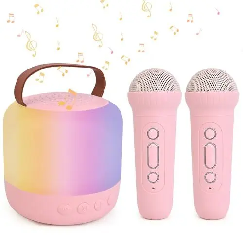 Produktbild: AIUNAOM Karaoke Maschine Kinder mit 2 Drahtlosen Mikrofonen Tragbare Bluetooth Lautsprecher Mit LED-Lichter & variablen Klangeffekten Geeignet für Familienfeiern und als Geschenk für Kinder Feste
