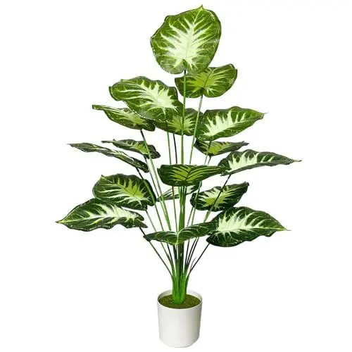 Produktbild: AIVORIUY künstliche Pflanzen im Topf Groß Kunstpflanze Plastik Palme wie Echt mit Kunststoff Blumentopf Fake Plant Dekor für Wohnzimmer Balkon Schlafzimmer Büro Innen (75cm Weiß-Grüne Palme)
