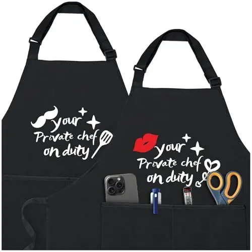 Produktbild: AIWISU Schürzen für Paare, wasserdichtes Schürzenset, Geschenk für Paare – Kochschürzen für Frauen und Männer mit 2 Taschen, verstellbarem Nackenband, längeren Taillenbändern für alle Größen