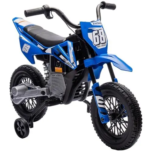 Produktbild: AIYAPLAY Kinder Elektro-Motorrad, 12V Kindermotorrad mit Musik, Kinderfahrzeug mit abnehmbar Trainingsrädern, 2,4-5 km/h, für 3-6 Jahre Kinder, max. 30 kg, Blau