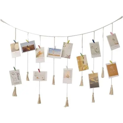 Produktbild: AIYONG Foto Hängendes Seil DIY Bilderrahmen Wanddekoration Boho Fotoseil mit Quaste, Makramee Wandbehang für Wohnkultur, Hochzeitsfeier, Fotoseil, Fotoleine, Girlande (100 cm x 70 cm)
