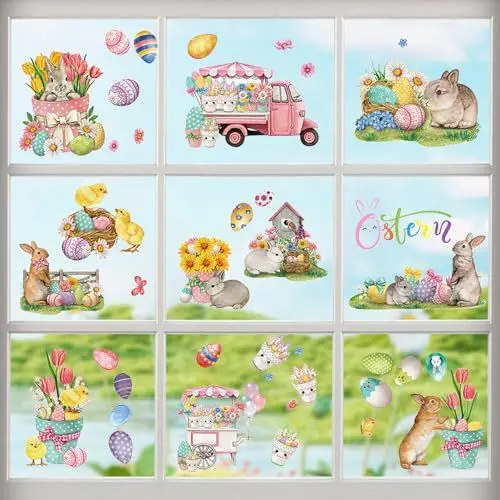 Produktbild: AIZHAZHA Fensterbilder Ostern Selbstklebend, 9 Blätter Osterfenster Bilder, Fenstersticker Ostern, Osterdeko Fenster Wiederverwendbar mit Hasen Ostereier Küken, Fensterdeko Ostern Kinderzimmer