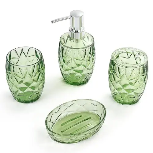 Produktbild: AJEUNGAIN Acryl Badezimmer Set mit Seifenspender Zahnputzbecher Set und Seifenschale Zahnbürstenhalter, Deko Bad Set Accessoires Organizer (Grün, 4 Teiliges)