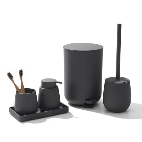 Produktbild: AJEUNGAIN Badset Badezimmer Set Grau, Modern Badausstattung Sets Organizer, Bad Set Mülleimer Klobürste Seifenspender und Zahnputzbecher Tablett (Grau-5 Teiliges)