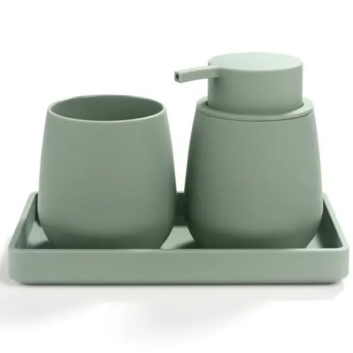 Produktbild: AJEUNGAIN Modern Badezimmer Set Grün Einschließen Seifenspender und Zahnputzbecher Tablett 3 Teiliges Badezimmer Organizer (Grün)