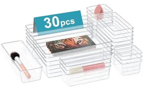 Produktbild: AJOXEL Schubladen Organizer, 30 Stück Schminktisch Organizer für Schublade mit 4 Größen, Schreibtisch Schubladen Ordnungssystem, Kunststoff Makeup Organizers, für Kosmetik,Küche, Badezimmer, Büro