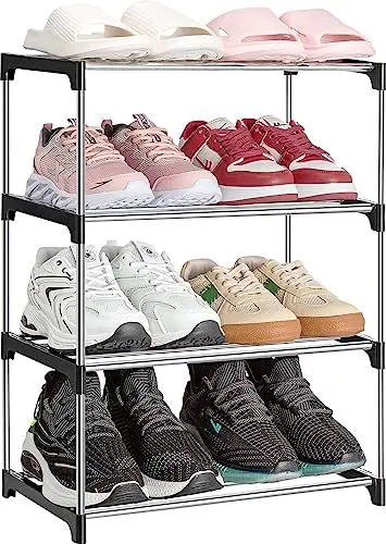 Produktbild: AJOXEL Schuhregal mit 4 Ebenen, Verdicktes Stahlrohr Shoe Rack für 8 Paare Schuhe, Stabiles und langlebiges Schuhregal Schmal für Platzsparende Flur Schlafzimmer, Schuhregal Klein
