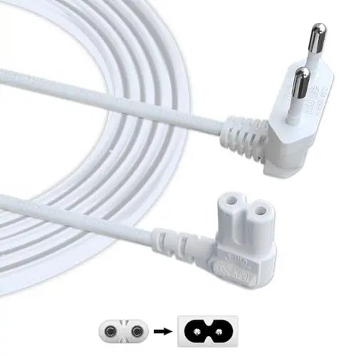 Produktbild: AJTECH® 5M Stromkabel TV - Zertifiziertes AC Netzkabel 2 Polig 90Grad C7 IEC Kabel Eurostecker Winkel - Kompatibel Samsung LG TV LED PS4 Slim Xbox Series S Drucker Nähmaschine PS5 Power Cable - weiß