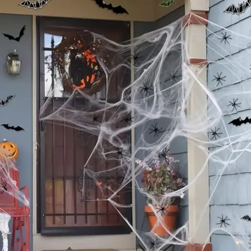 Produktbild: Ajuanbazha Spinnenweben Halloween Deko, 200g Dehnbare Halloween Spinnennetz Deko mit 40 Horror Schwarz Spinnen, Halloween Deko Outdoor Garten Hängende Spiderweb Gruseli Deko