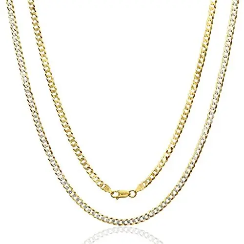 Produktbild: AKA Gioielli® - Herren Damen Kette 18 Karat Gold Vergoldet 925 Sterling Silber - Cuban Panzerkette 4mm mit Diamant-Finish auf einer Seite - 55 cm lang