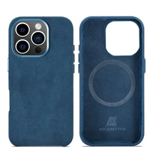 Produktbild: AKANTRA Alcantara Hülle für Apple iPhone16 Pro Max, handgefertigt, vollständig umwickelt, synthetisches Wildleder, kompatibel mit kabellosem Magsafe Laden (Marineblau, für iPhone16 Pro Max)