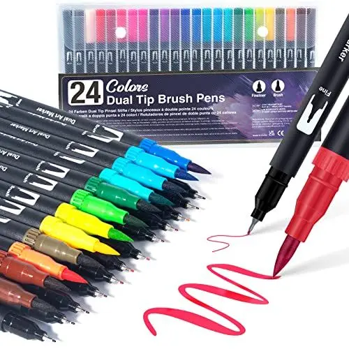 Produktbild: AKARUED Dual Brush Pen Set: Filzstifte 24 Farben Pinselstifte Marker Fineliner Aquarell Für Bullet Journal, Malbücher, Handlettering, Manga Kalligraphie stifte Malstifte Für Kinder und Erwachsene